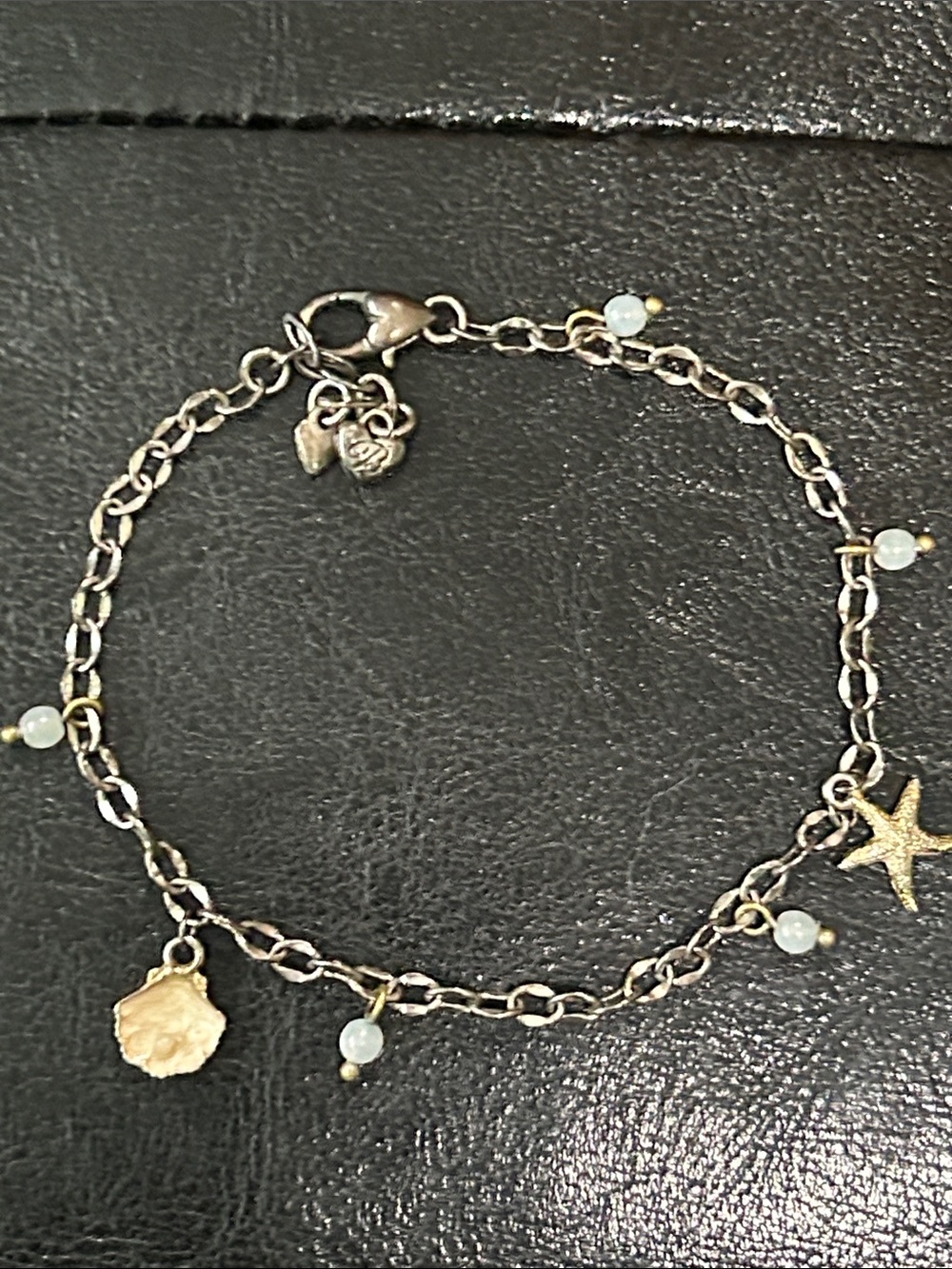 Brighton Silver Gold-Tone Shell & Star Charm Anklet with Pale Blue Beads